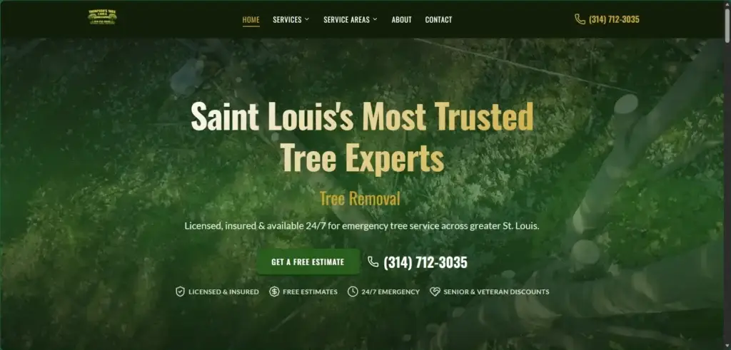 Thompson's Tree Care website hero: “Saint Louis's Most Trusted Tree Experts” over a green leafy background with a contact number.