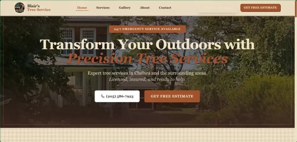 Blair's Tree Service website hero: a house surrounded by trees with the headline “Transform Your Outdoors with Precision Tree Services”.