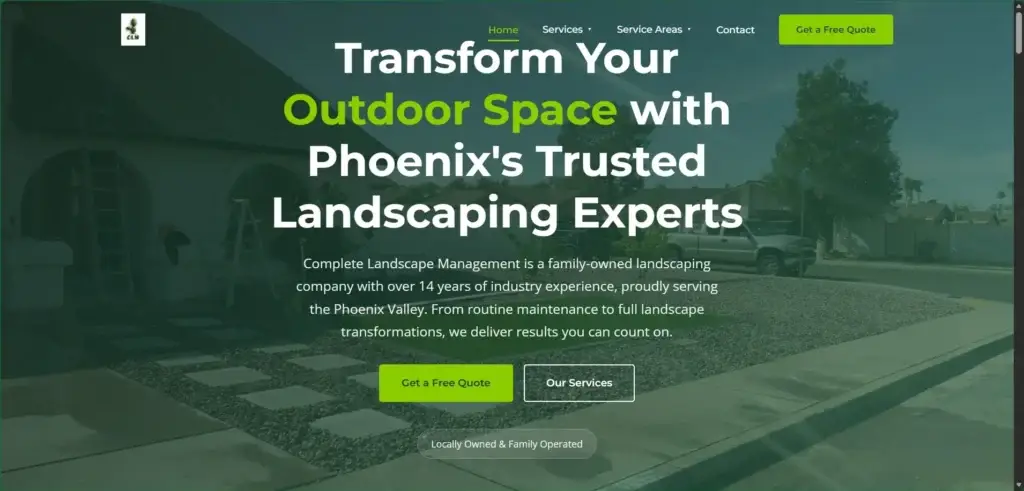 Complete Landscape Management website hero over a residential front yard with quote and services buttons.