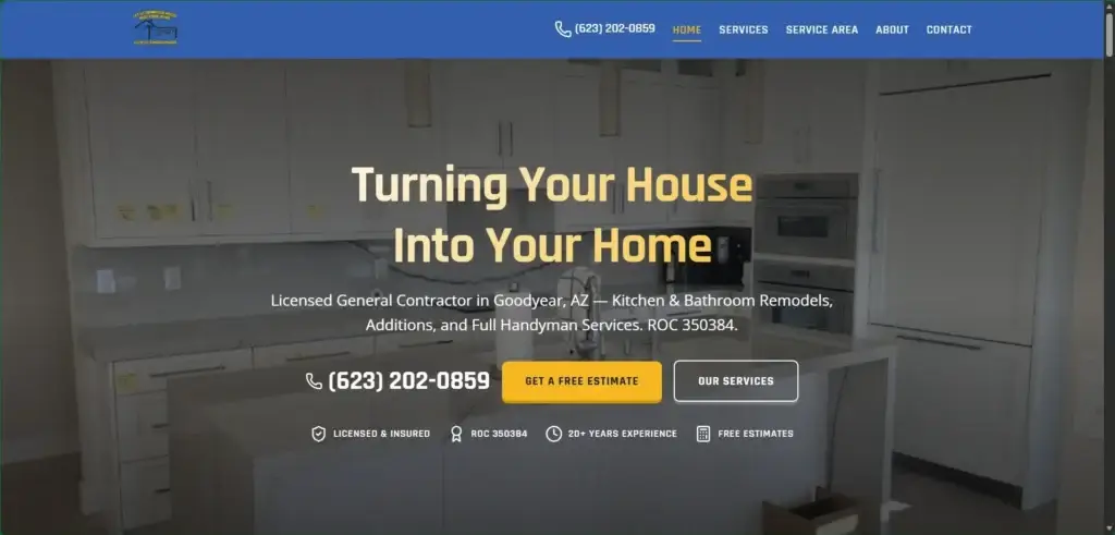 CR Construction & Remodeling website hero: a modern white kitchen with the headline “Turning Your House Into Your Home”.