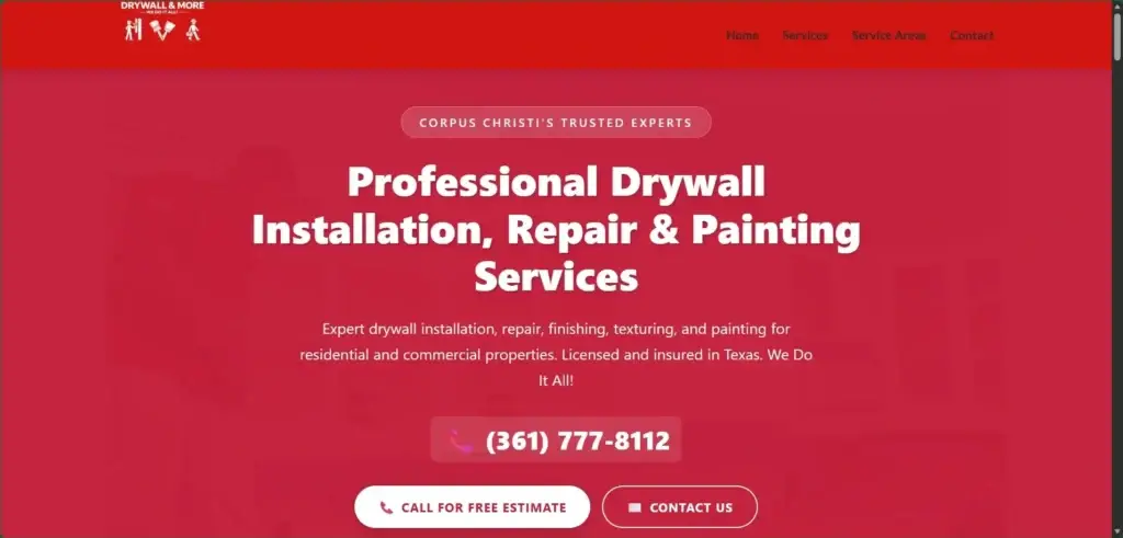 Drywall & More Services website hero: red background with the title “Professional Drywall Installation, Repair & Painting Services”.