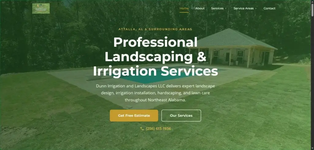 Dunn Irrigation and Landscapes website hero: a backyard with a pool advertising professional landscaping and irrigation services.