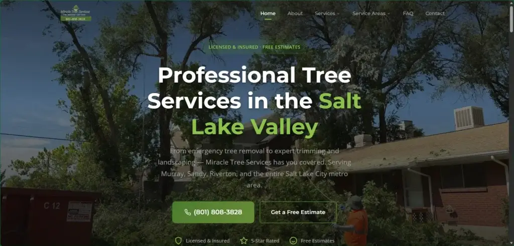 Miracle Tree Services website hero: large headline over a residential yard with a worker trimming branches.