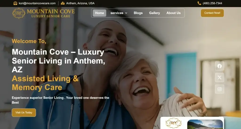Mountain Cove Luxury Senior Care website hero: a smiling nurse and elderly woman embrace in a bright lobby.