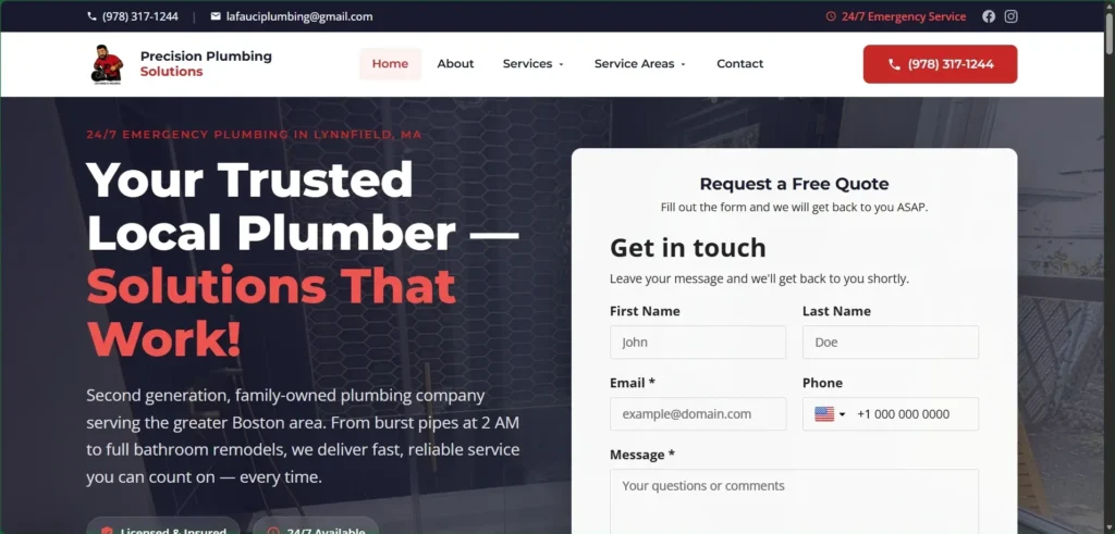 Precision Plumbing Solutions website hero: “Your Trusted Local Plumber — Solutions That Work!” with a free-quote form.