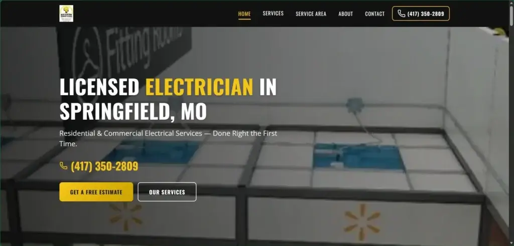 RLB Electric website hero: “Licensed Electrician in Springfield, MO” with two call-to-action buttons.