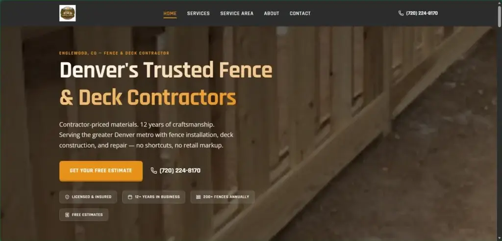 RMB Fence & Deck website hero with a wooden fence backdrop and bold headline.