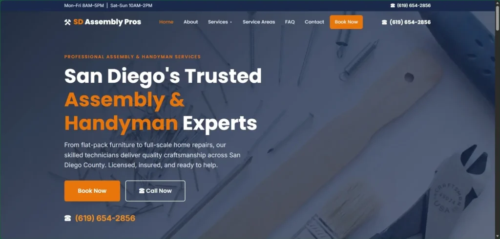 SD Assembly Pros website hero: tools under a blue overlay with the headline “San Diego's Trusted Assembly & Handyman Experts”.