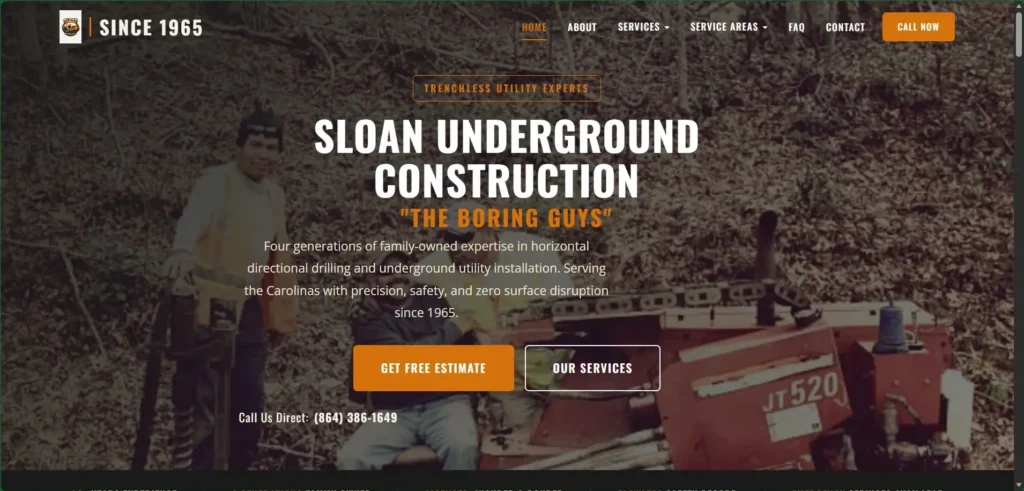 Sloan Underground Construction website hero: vintage worker in a trench with a tractor and bold white title text.