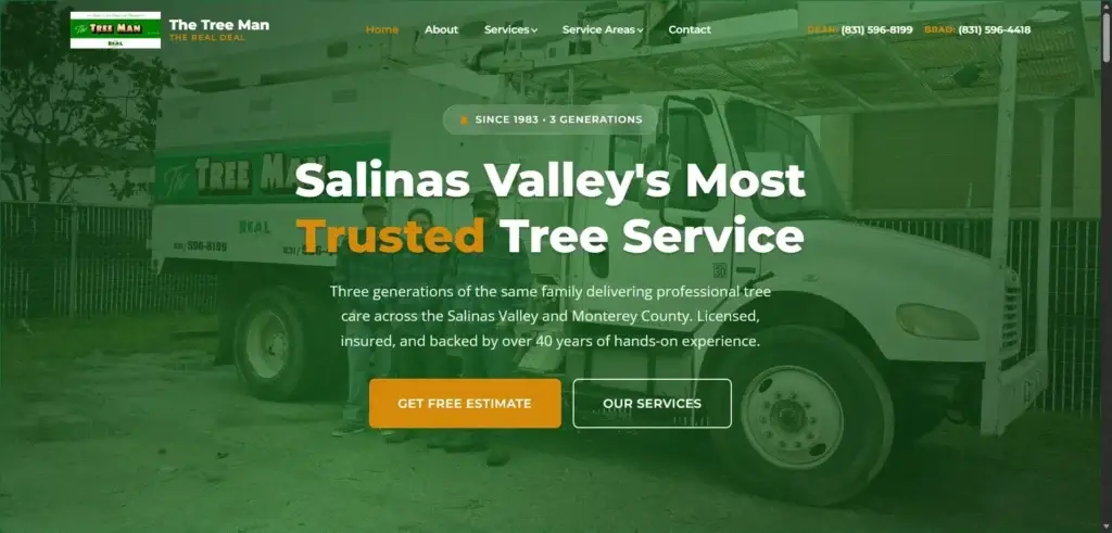 The Tree Man website hero: a tree service truck and crew with the headline “Salinas Valley's Most Trusted Tree Service”.