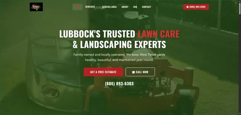 Three Amigos Lawn & Landscape website hero advertising Lubbock's trusted lawn care experts with two call-to-action buttons.