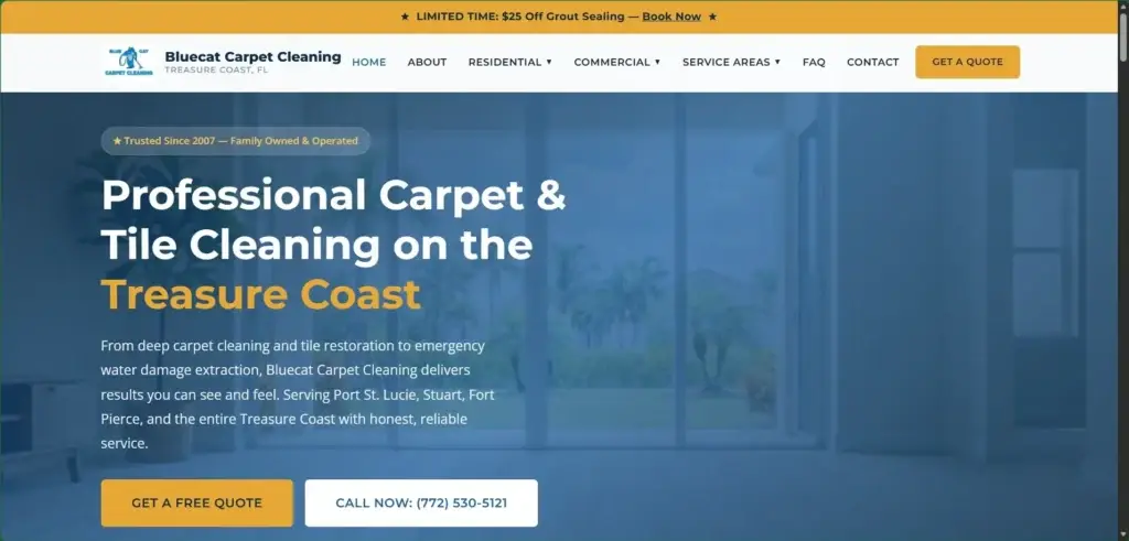 Bluecat Carpet Cleaning website hero: “Professional Carpet & Tile Cleaning on the Treasure Coast” with quote and call buttons.