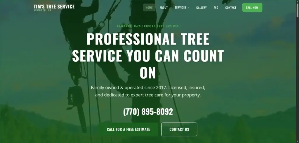 Tim's Tree Service website hero: “Professional Tree Service You Can Count On” over a green-tinted image of a tree climber.